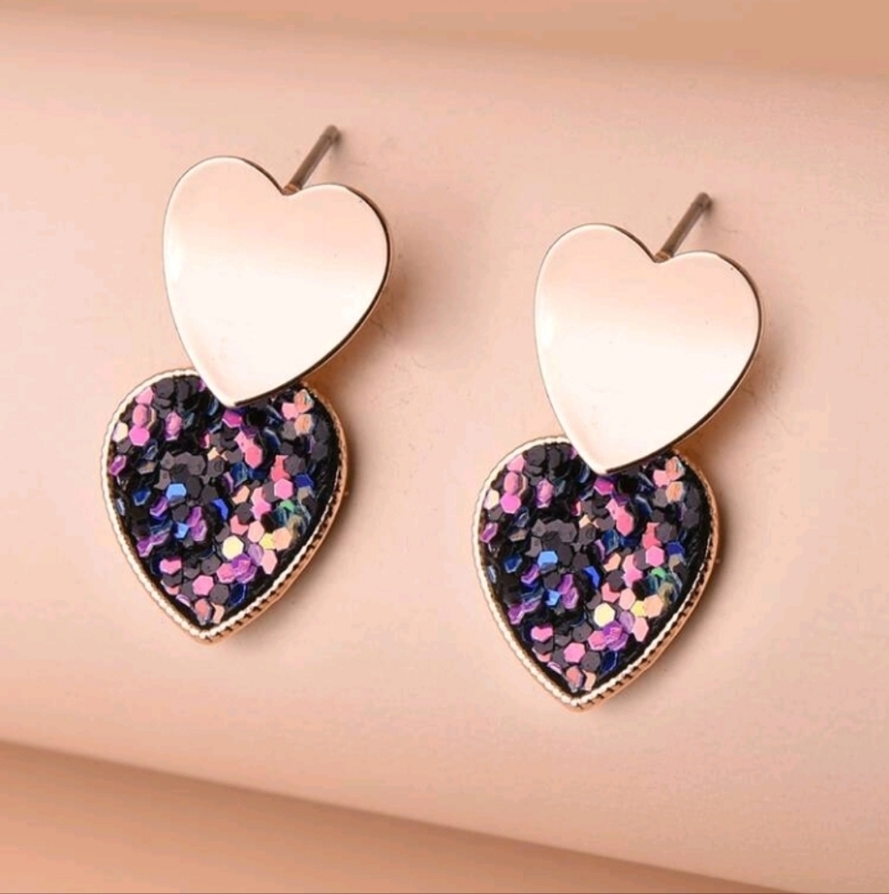 Heart-Shaped Glitter Dangle Earrings